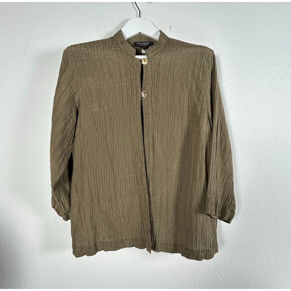 Citron Santa Monica Olive Textured Silk Cotton Blouse Jacket 0X Mandarin Collar - Picture 1 of 8